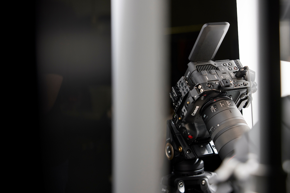 Shown is Canon professional video equipment ready for use in Sum Effect Studio. Setup like this enable the creation of photo and video assets that are delivered with usage rights for businesses.